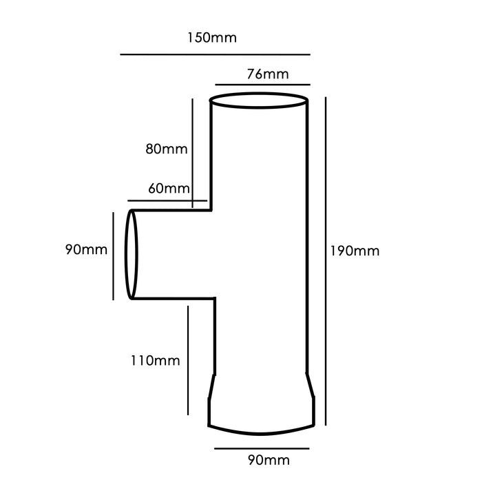 3 Inch 90 Degree Enamel Flue Tee drawing and dimensions