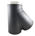 6 Inch (150mm)  Black Twin Wall 45 Degree Tee (with Plug) Inc Locking Band on white background