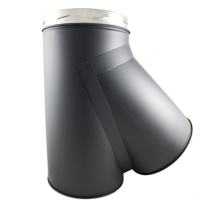 6 Inch (150mm)  Black Twin Wall 45 Degree Tee (with Plug) Inc Locking Band on white background