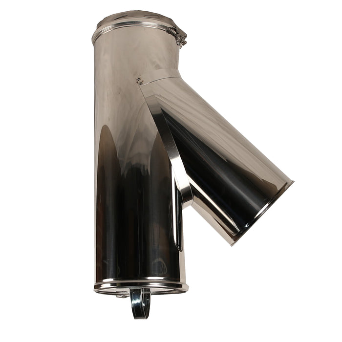 6 Inch (150mm) Twin Wall 45 Degree Tee (with Plug) Inc Locking Band on a white background