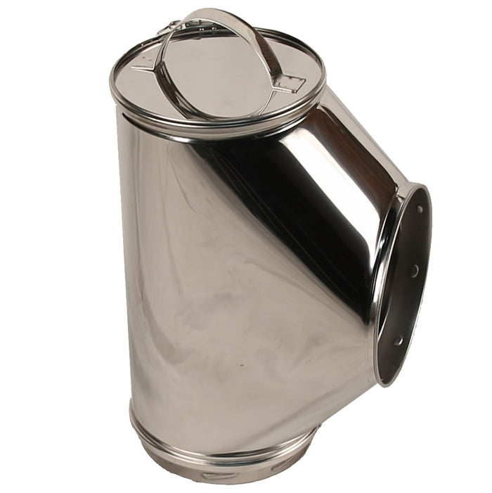 6 Inch (150mm) Twin Wall 90 Degree Tee (with Plug) Inc Locking Band white background