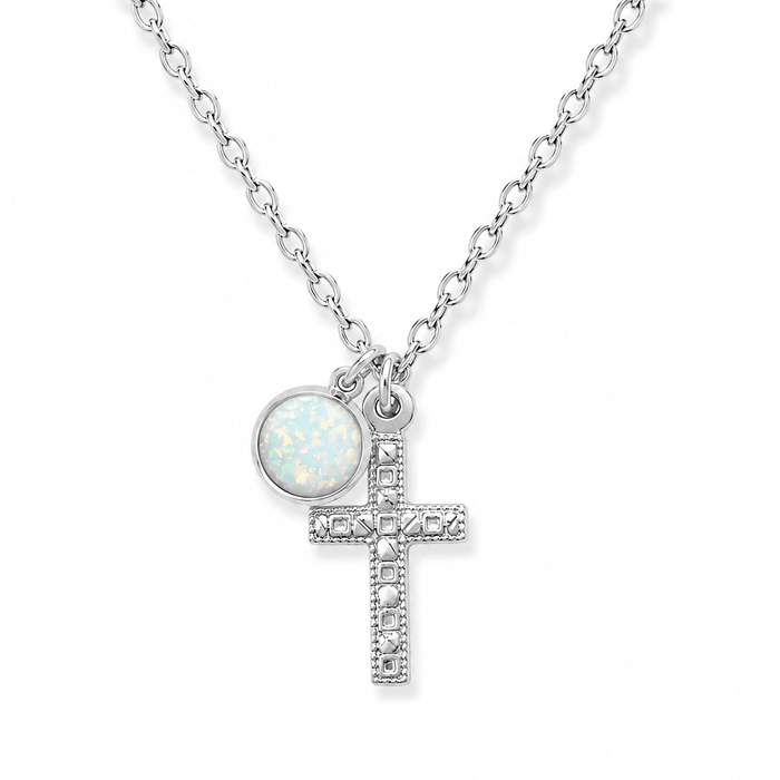 Cross + Silver Opal Charm Necklace - Le Serey