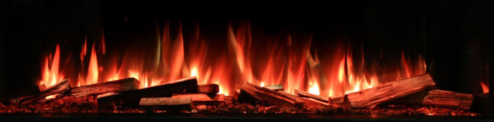 Realistic fireplace with glowing logs and flames against a dark background