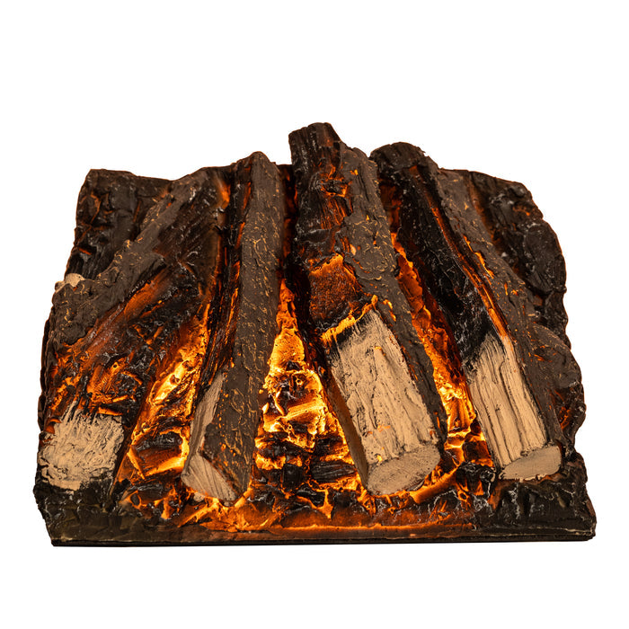 Wooden log with glowing embers on a white background