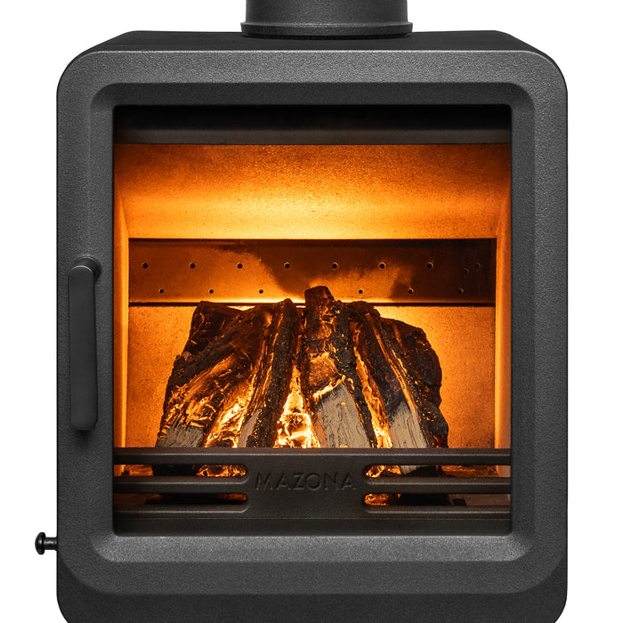 A black metal wood-burning stove with a glass door, showing glowing orange fire and logs inside. The brand name 'MAZONA' is embossed on the lower front bar.