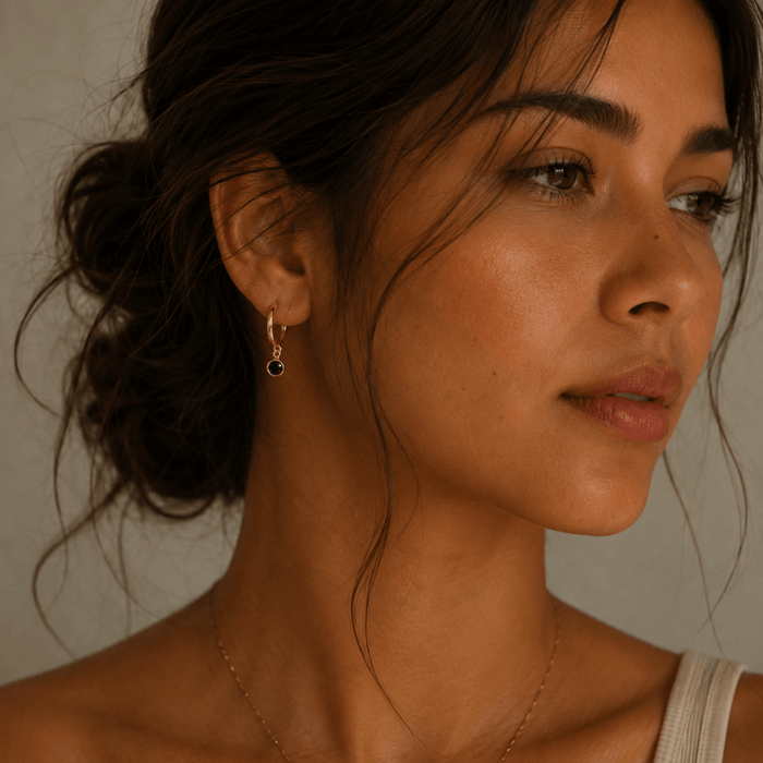 Huggie Hoops + Black CZ Charm