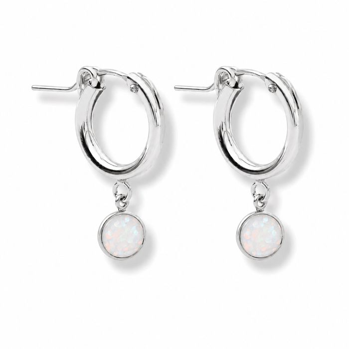 Silver Huggie Hoops + Opal Bezel Charm - Le Serey