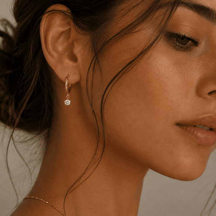 Huggie Hoops + Tiny CZ Diamond Drop Charm - Le Serey