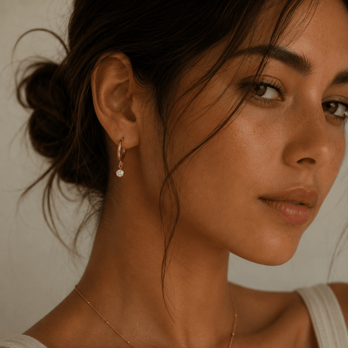 Huggie Hoops + Tiny CZ Diamond Drop Charm - Le Serey