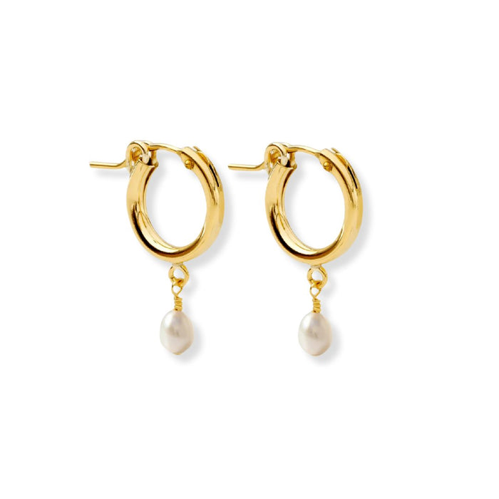 Gold Huggie Hoops Tiny Pearl Drop Charm - Le Serey