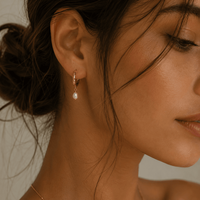 Huggie Hoops + Tiny Pearl Drop Charm - Le Serey