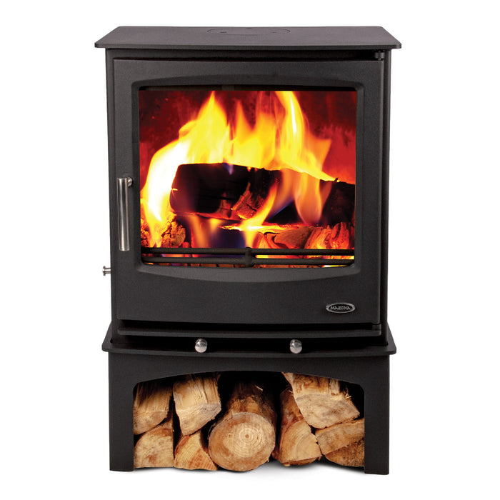 Log Store To Suit Mazona Rye 7kW & A07 Stove white background flames and logs