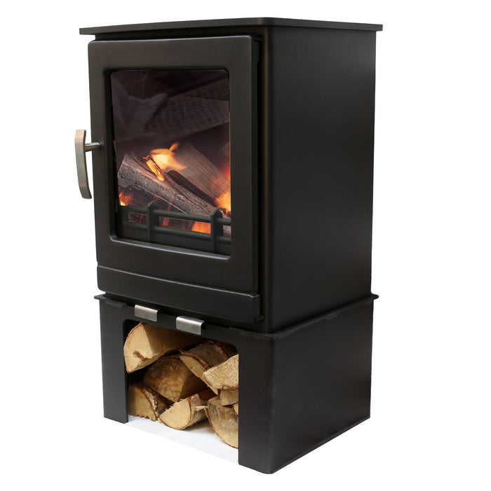 Log Store To Suit Mazona Ripley 5kW Stove side view on white background