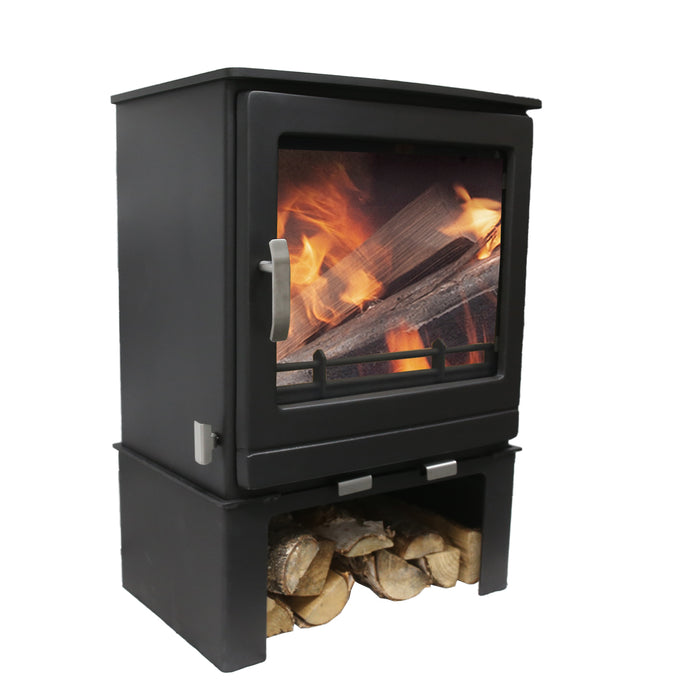 Log Store To Suit Mazona Ripley 8kW Stove side view including stove on white background