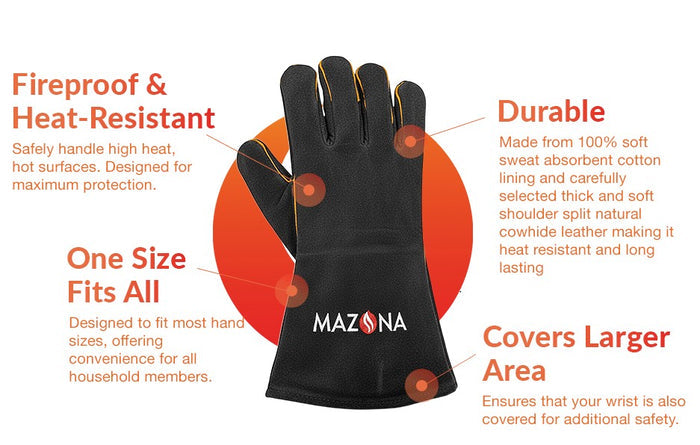 Black fireproof and heat-resistant glove with MAZONA branding on a white background.