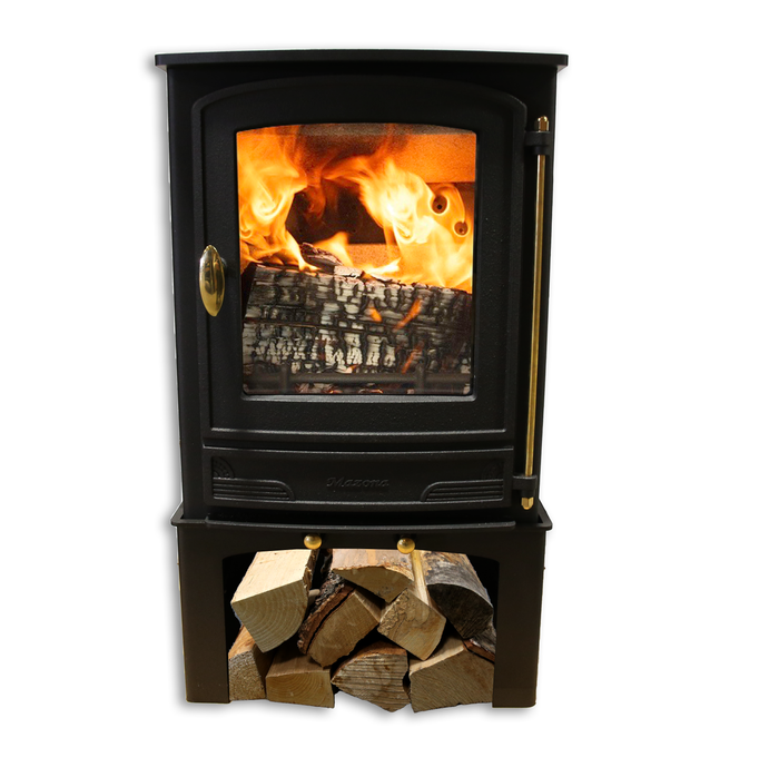 Mazona Warwick 5kW Log Store with stove flames and wood on white background