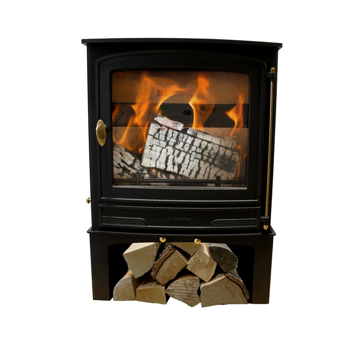 Mazona Warwick 8kW Logstore stove with wood and flames in white background