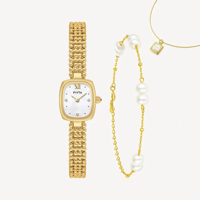 Gold Watch Mother-of-Pearl & Necklace & Pearl Bracelet Gift Set - FIYTA