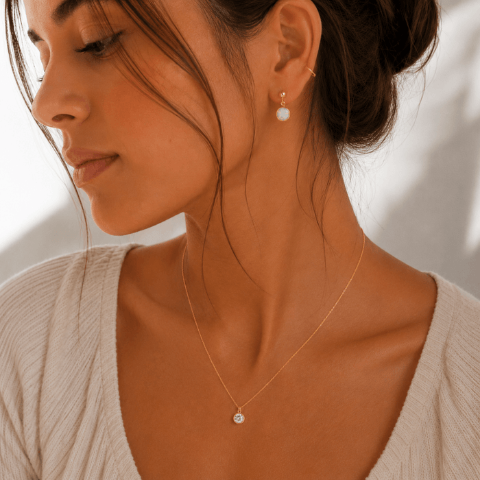 Opalite Drop Earrings Wearing Model