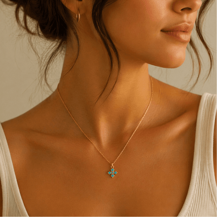Tiny Turquoise Cross Necklace - Le Serey